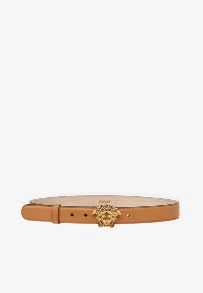 Versace La Medusa Buckle Leather Belt In Brown
