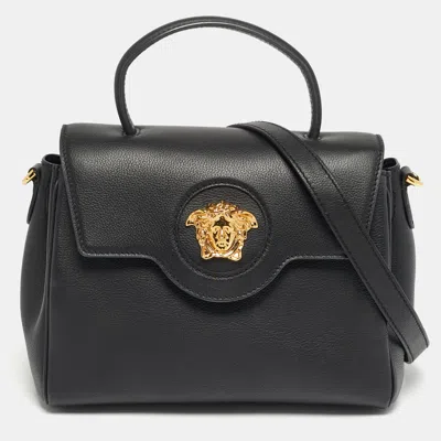 Pre-owned Versace La Medusa Black Leather Flap Top Handle Bag