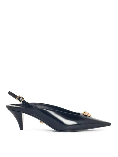 Versace La Medusa Black Leather Slingbacks In Blue