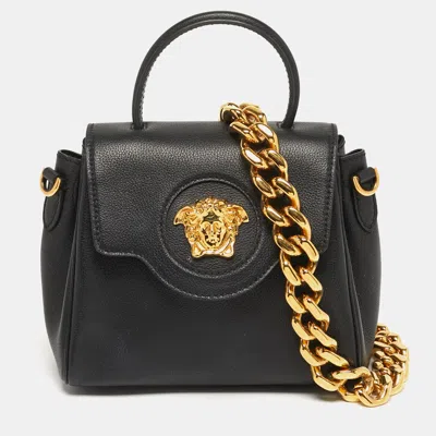 Pre-owned Versace La Medusa Black Leather Top Handle Bag