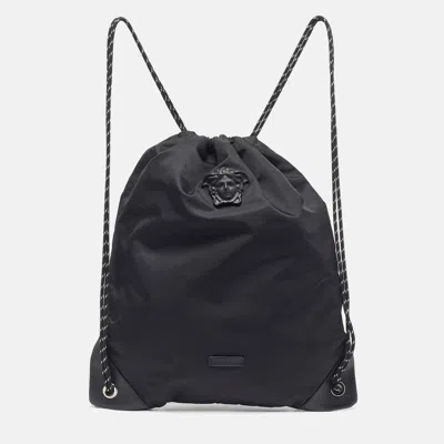Pre-owned Versace La Medusa Black Nylon Drawstring Backpack