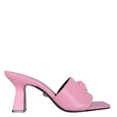 Versace La Medusa Block Heel Leather Mules In Pink