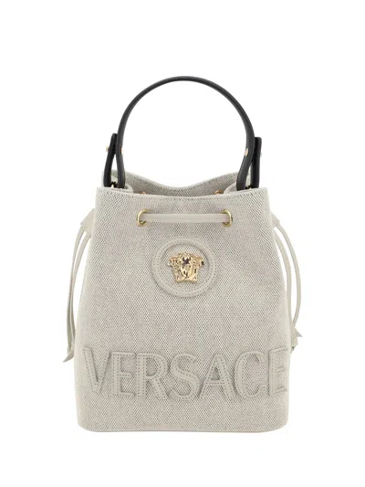 Versace La Medusa Bucket Bag In Rope+ice+black- Gold