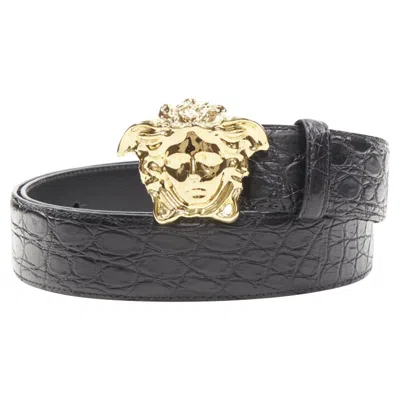Versace La Medusa Buckle Scaled Leather Belt In Black