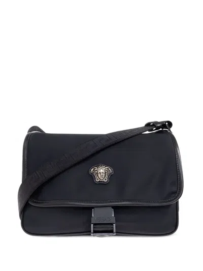 Versace La Medusa Buckled Messenger Bag In Black