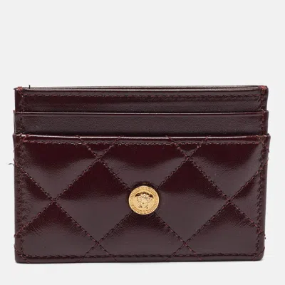 Pre-owned Versace La Medusa Burgundy Quilted Leather Card Holder