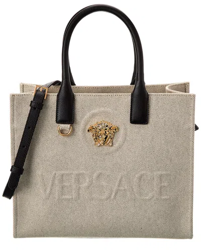 Versace La Medusa Canvas & Leather Tote In Neutral