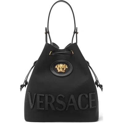 Versace La Medusa Canvas Bucket Bag In Black  Gold
