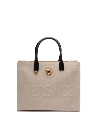 Versace `la Medusa Canvas` Large Tote Bag In Beige