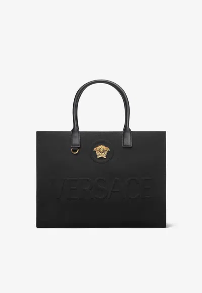 Versace La Medusa Canvas Tote Bag In Black