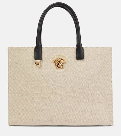 Versace La Medusa Canvas Tote Bag In Rope/black  Gold