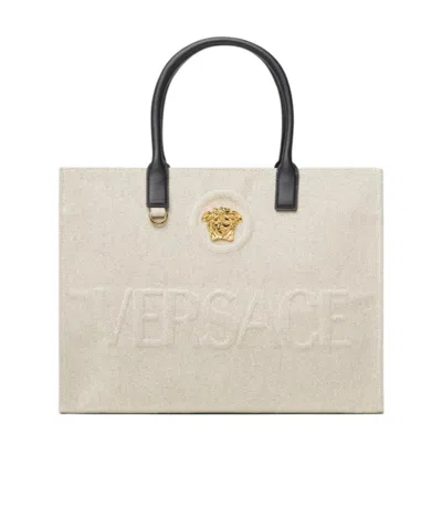 Versace La Medusa Canvas Tote Bag In White