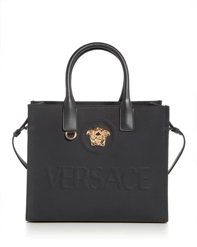 Versace La Medusa Canvas Small Tote Bag In Black