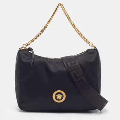 Pre-owned Versace La Medusa Chain Black Nylon Shoulder Bag
