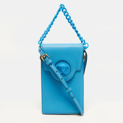 Pre-owned Versace La Medusa Chain Blue Leather Phone Crossbody Bag