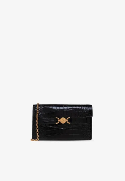 Versace La Medusa Chain Clutch In Croc-embossed Leather In Black
