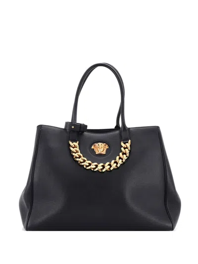 Pre-owned Versace La Medusa Chain Detail Leather Large Tote Bag In Black