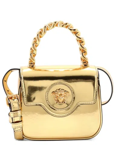 Pre-owned Versace La Medusa Chain Handle Crossbody Bag Patent Mini Satchel In Gold