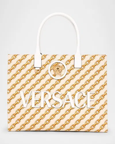 Versace La Medusa Chain-link Canvas Tote Bag In Porcelain White Multicolor