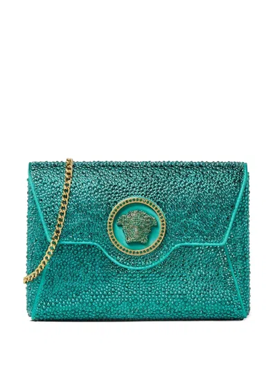 Versace La Medusa Embellished Satin Clutch In Blue
