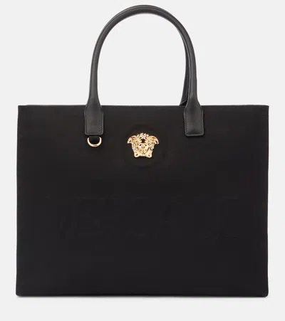 Versace La Medusa Cotton Canvas Tote Bag In Black
