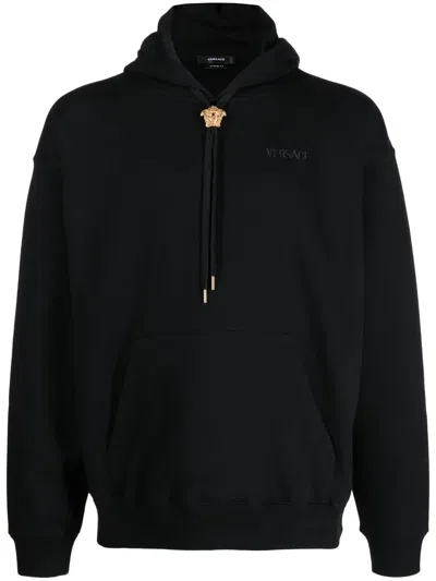 Versace Cotton Sweatshirt With Iconic Embroidery On The Front In Black