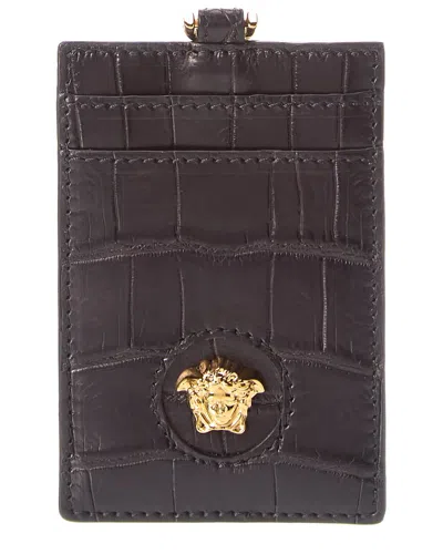 VERSACE LA MEDUSA CROC-EMBOSSED LEATHER CARD HOLDER ON CHAIN
