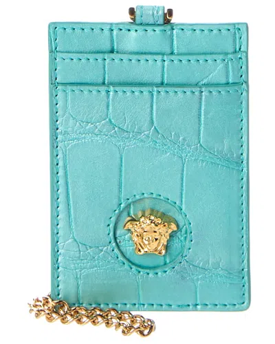 Versace La Medusa Croc-embossed Leather Card Holder On Chain In Blue