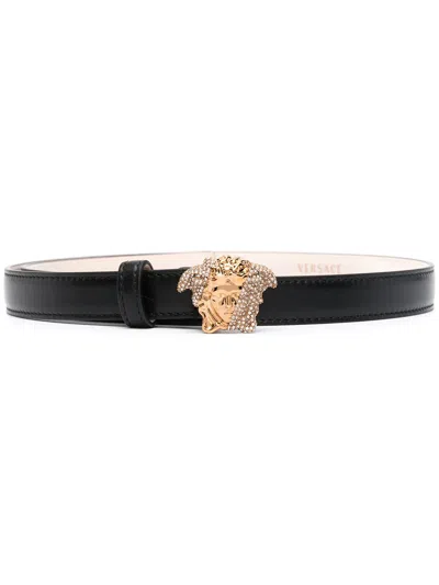 Versace Palazzo Dia Belt With Crystal-encrusted Medusa Buckle In Black