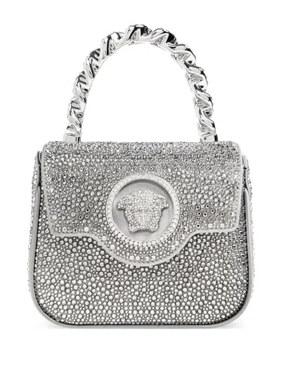 Versace La Medusa Crystal-embellished Mini Bag In Silber