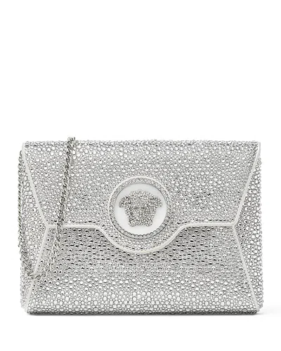 Versace La Medusa Crystal Clutch Bag In Pearl Gray