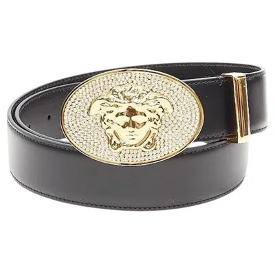 Pre-owned Versace La Medusa Crystal Encrusted Gold Buckle Black Belt 85cm 32-36"