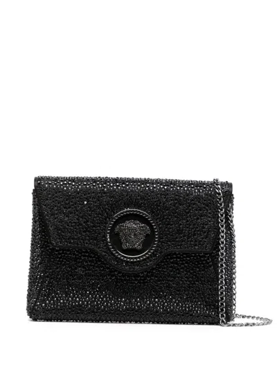 Versace La Medusa Crystal Envelope Clutch In Black