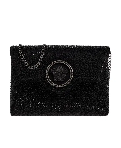 Versace La Medusa Crystal Envelope Clutch In Black
