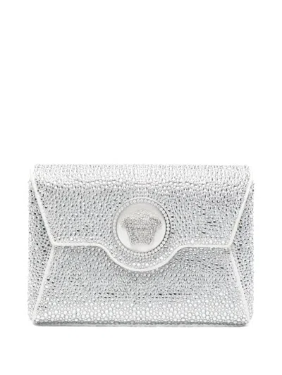 Pre-owned Versace La Medusa Crystal Envelope Clutch In Silver