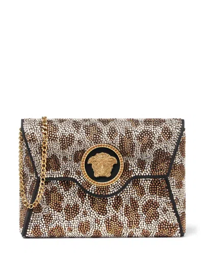 Versace Crystal Leopard La Medusa Clutch In Black+gold