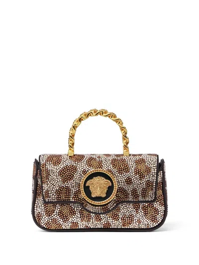 Versace La Medusa Crystal-leopard Mini Bag In 褐色