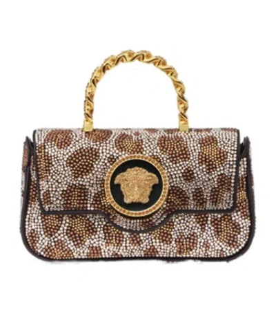 Versace La Medusa Crystal-leopard Mini Bag In Brown