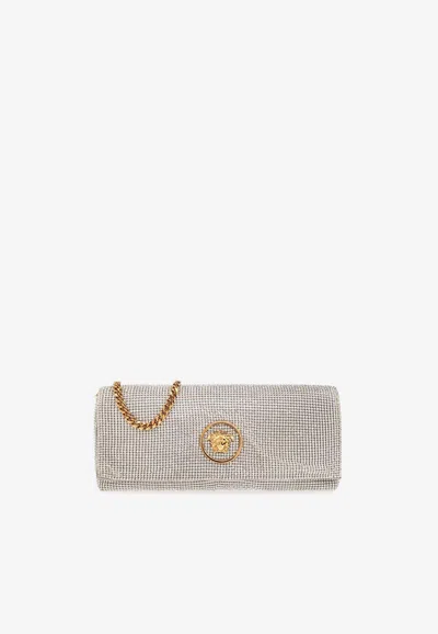 Versace La Medusa Crystal Mesh Clutch Bag In Silver