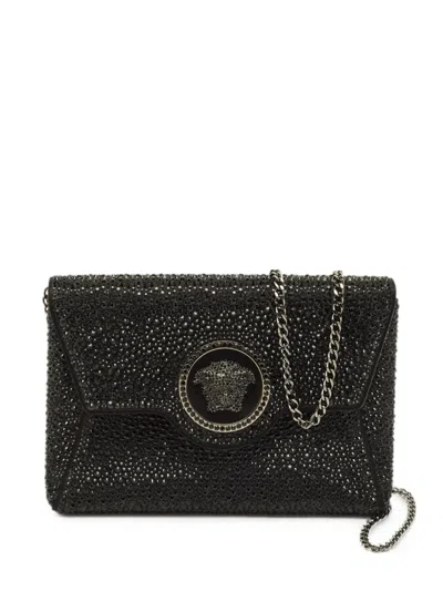 Pre-owned Versace La Medusa Crystal-embellished Clutch Bag In Black