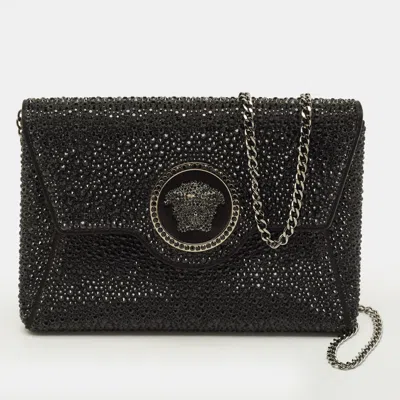 Versace La Medusa Crystals Black Satin Chain Clutch