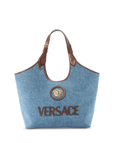 Versace La Medusa Denim & Leather Tote In Blue