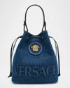 Versace La Medusa Denim Bucket Bag In Navy Blue
