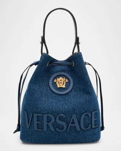 Versace La Medusa Denim Bucket Bag In Navy Blue