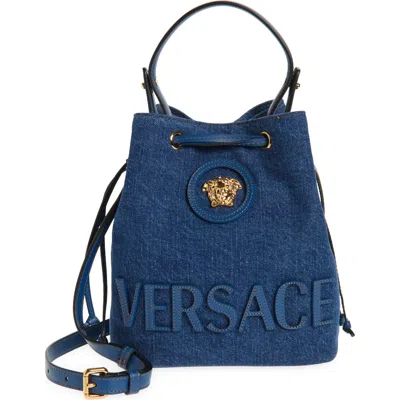 Versace La Medusa Denim Bucket Bag In Navy Blue  Gold
