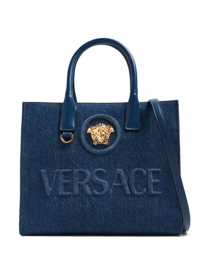 Versace Small Denim La Medusa Tote Bag In Blue