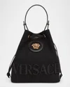 Versace La Medusa Drawstring Canvas Bucket Bag In Black