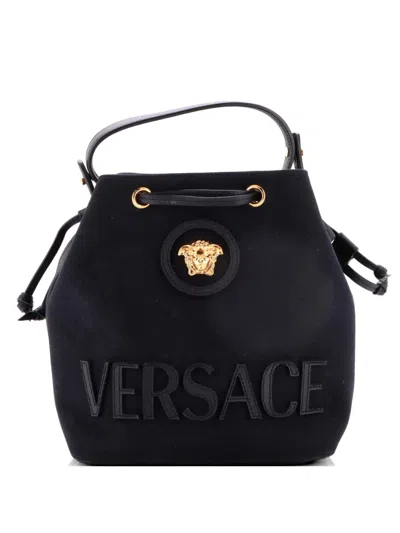 Pre-owned Versace La Medusa Drawstring Canvas With Leather Small Bucket Bag In Black