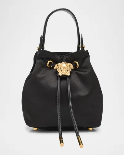Versace La Medusa Drawstring Satin Bucket Bag In Black