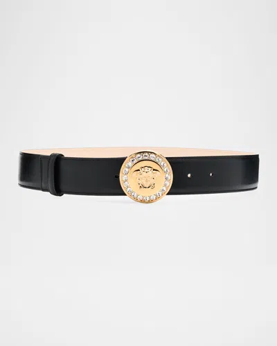 Versace La Medusa Embellished Leather Belt In Black